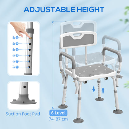 HOMCOM EVA Padded Shower Chair for the Elderly and Disabled, Height Adjustable Shower Stool with Back and Arms, 4 Suction Foot Pads, Light Grey