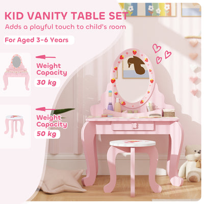 AIYAPLAY Kids Dressing Table Set, Vanity Table with Stool, Mirror, Drawer, Desktop Storage, Strawberry Theme, Pink 