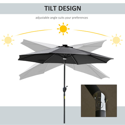 Outsunny 2.7m Garden Parasol Sun Umbrella w/ LED Solar Light Angled Canopy Grey 
