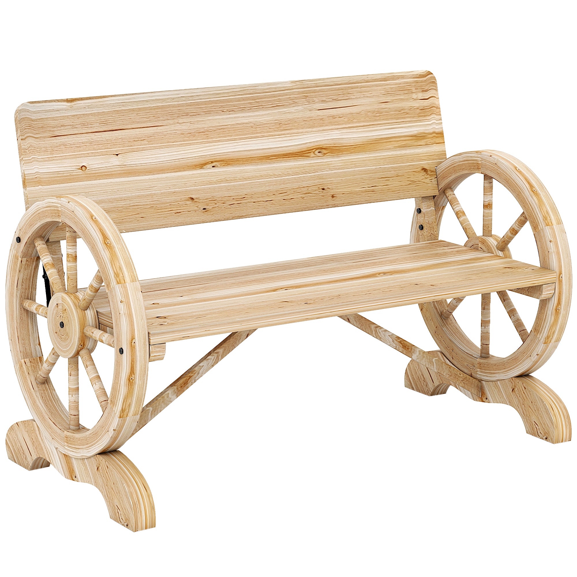Outsunny Fir Wood 2-Seater Outdoor Garden Wagon Wheel Bench, Natural Wood Finish 
