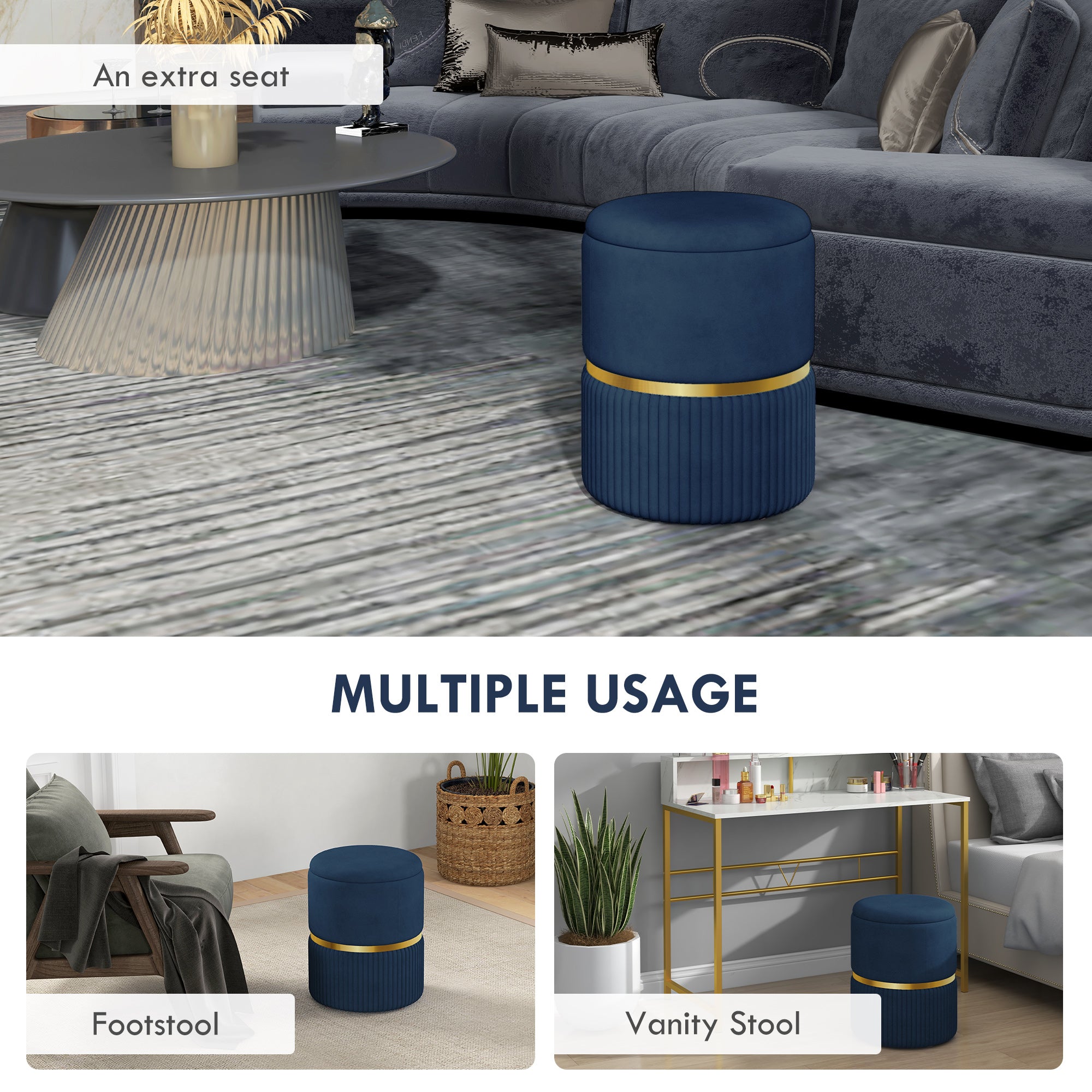 HOMCOM Velvet-Feel Storage Ottoman - Blue 