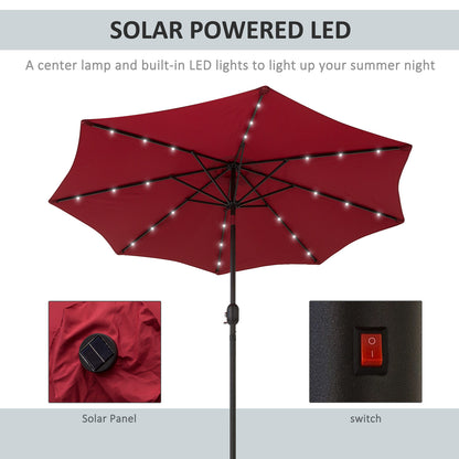 Outsunny 2.7m Patio Garden Umbrella Outdoor Parasol with Tilt Crank and 24 LEDs Lights (Red) 