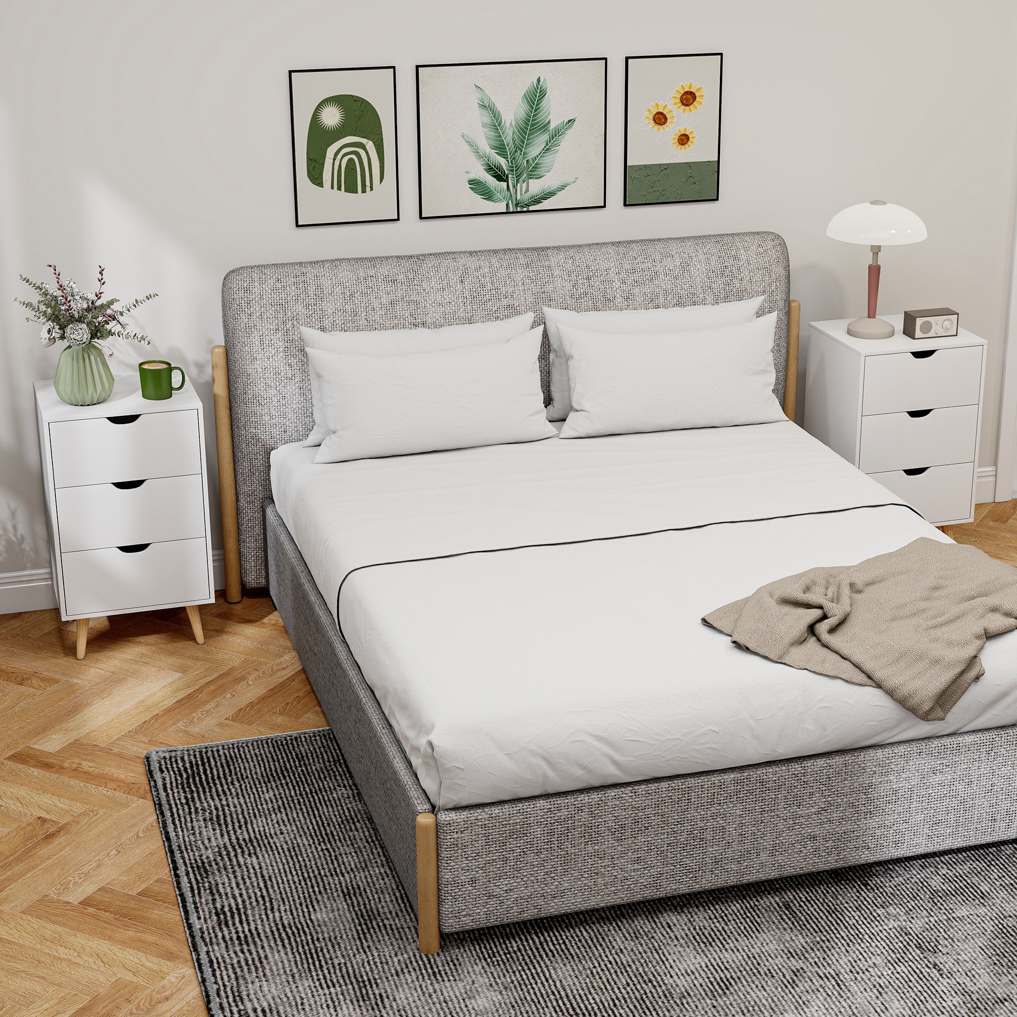 HOMCOM Set of 2 Bedside Tables, Modern Nightstand Side End Table with 3 Storage Drawers and Solid Pine Wood Legs for Bedroom Living Room Entryway, White 