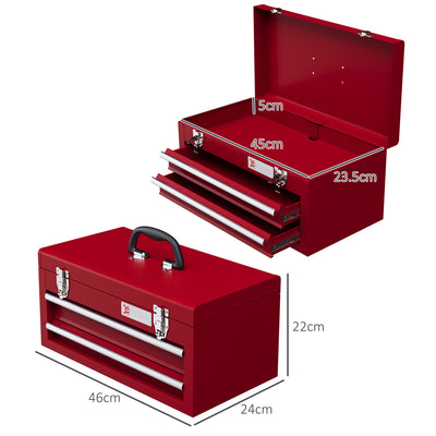 DURHAND Lockable Metal Tool Box, 2 Drawer Tool Chest with Latches, Handle, Ball Bearing Runners, Red 