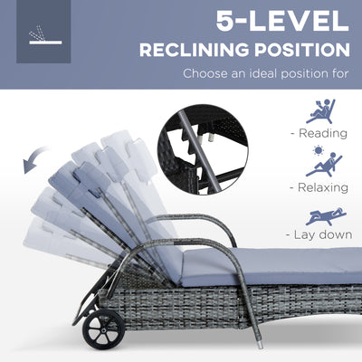 Outsunny 3 Pieces Rattan Sun Loungers, Garden Wicker Wheeling Recliner , PE Rattan Lounge Chairs w/ Cushions & Side Coffee Table Grey 