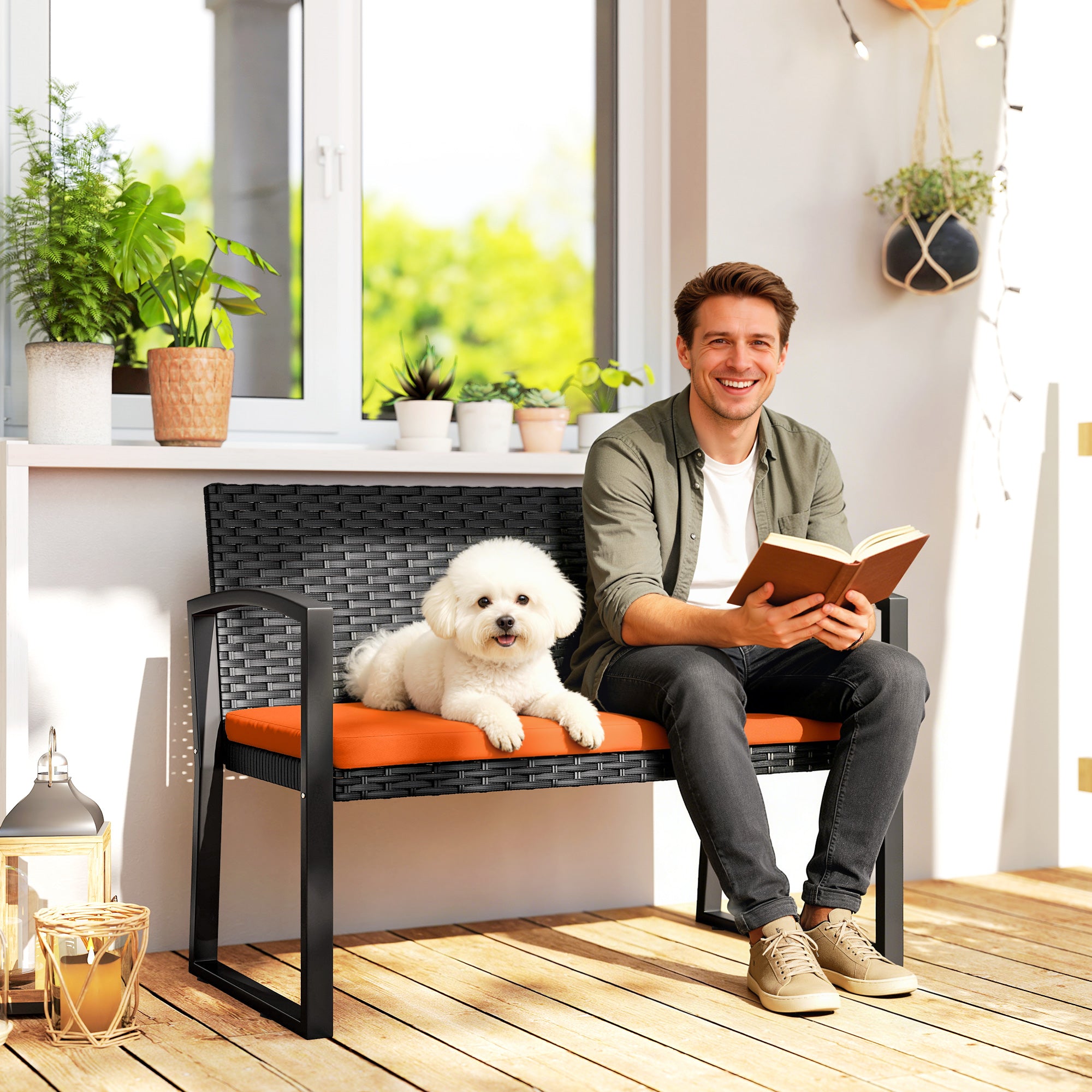 Outsunny Two-Seater Rattan Garden Bench - Orange 