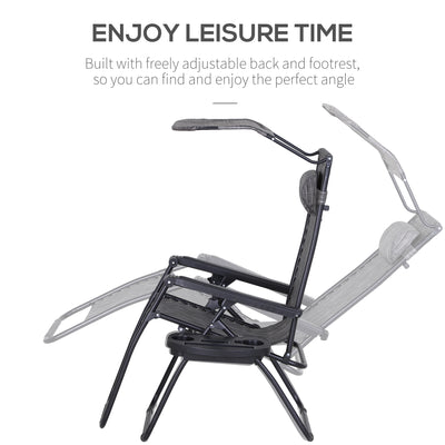 Outsunny 2 Piece Foldable Reclining Garden Chair with Headrest, Zero Gravity Deck Sun Lounger Seat Chair with Footrest, Armrest, Cup Holder & Canopy Shade, Grey 