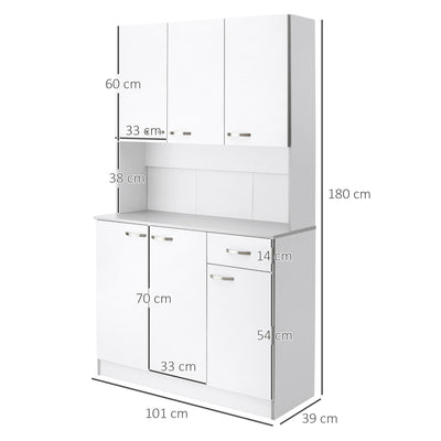 HOMCOM Kitchen Cupboard, Freestanding Kitchen Storage Cabinet with 6 Doors, Drawer, Adjustable Shelves and Open Countertop for Dining Room, White 