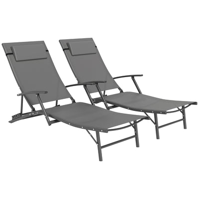 Outsunny Set of 2 Folding Sun Loungers for Garden, 4 Positions Adjustable Outdoor Chaise Lounge Chairs with Armrests, Pillows, Steel Frame, Sunbed Recliners for Patio, Beach and Poolside, Grey 