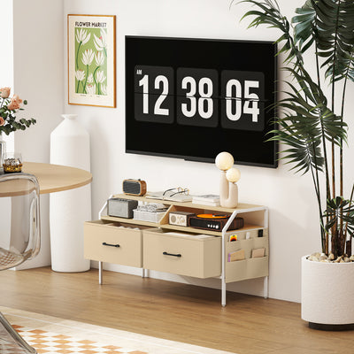 HOMCOM TV Stand Cabinet, TV Unit for 55-inch TVs with 2 Foldable Fabric Drawers, 5 Divided Side Pockets, Open Shelves, Console Table for Living Room, Bedroom, Entertainment Room, Natural Wood Finish 
