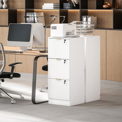 HOMCOM Filing Cabinet, Fluted Vertical File Cabinet with 3 Lockable Drawers and Hanging Rails, White 