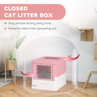 PawHut Hooded Cat Litter Box, Portable Pet Toilet, with Scoop, Front Entry - Pink 