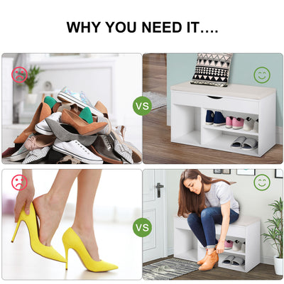 HOMCOM Wooden Shoes Cabinet Bench Hidden Storage Padded Seat Organiser Footwear Rack Hallway White 80 x 30 x 47 cm 