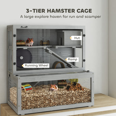 PawHut Wooden Hamster Cage with Hut, Wheel, Ramps, Removable Viewing Panels, 80 x 50 x 84 cm, Grey 