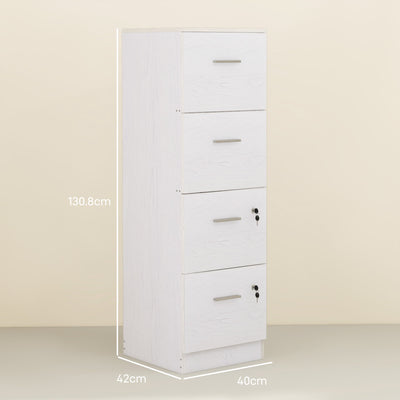 HOMCOM Four-Drawer Lockable Filing Cabinet - White Wood Effect 