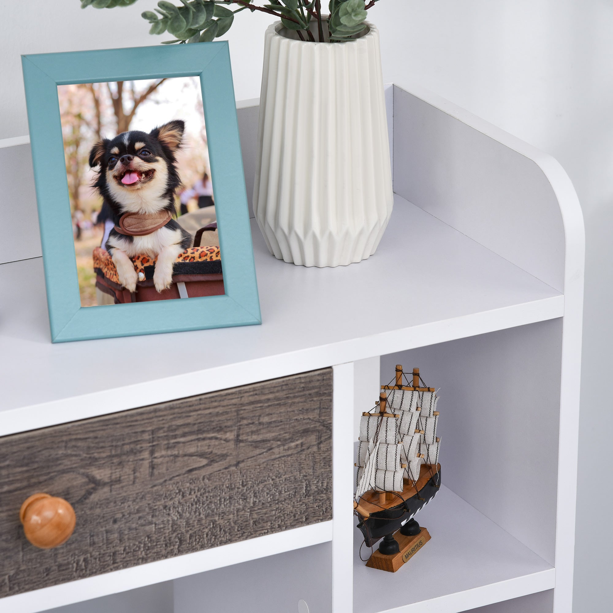 HOMCOM Bookcase, Freestanding Book Shelf with Storage Drawer, 6 Shelves and Wood Legs for Home Office Display, White and Grey, 24D x 60W x 86.8H cm 