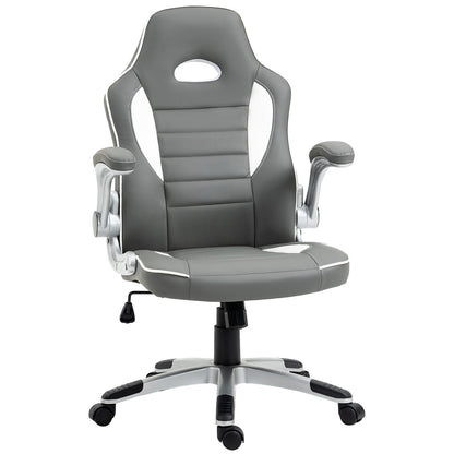 Vinsetto Computer Gaming Chair, Office Desk Swivel Chair, PU Leather Racing Chair with 90\'c2\'b0 Flip-up Armrest, Adjustable Height and Rolling Wheels, Grey