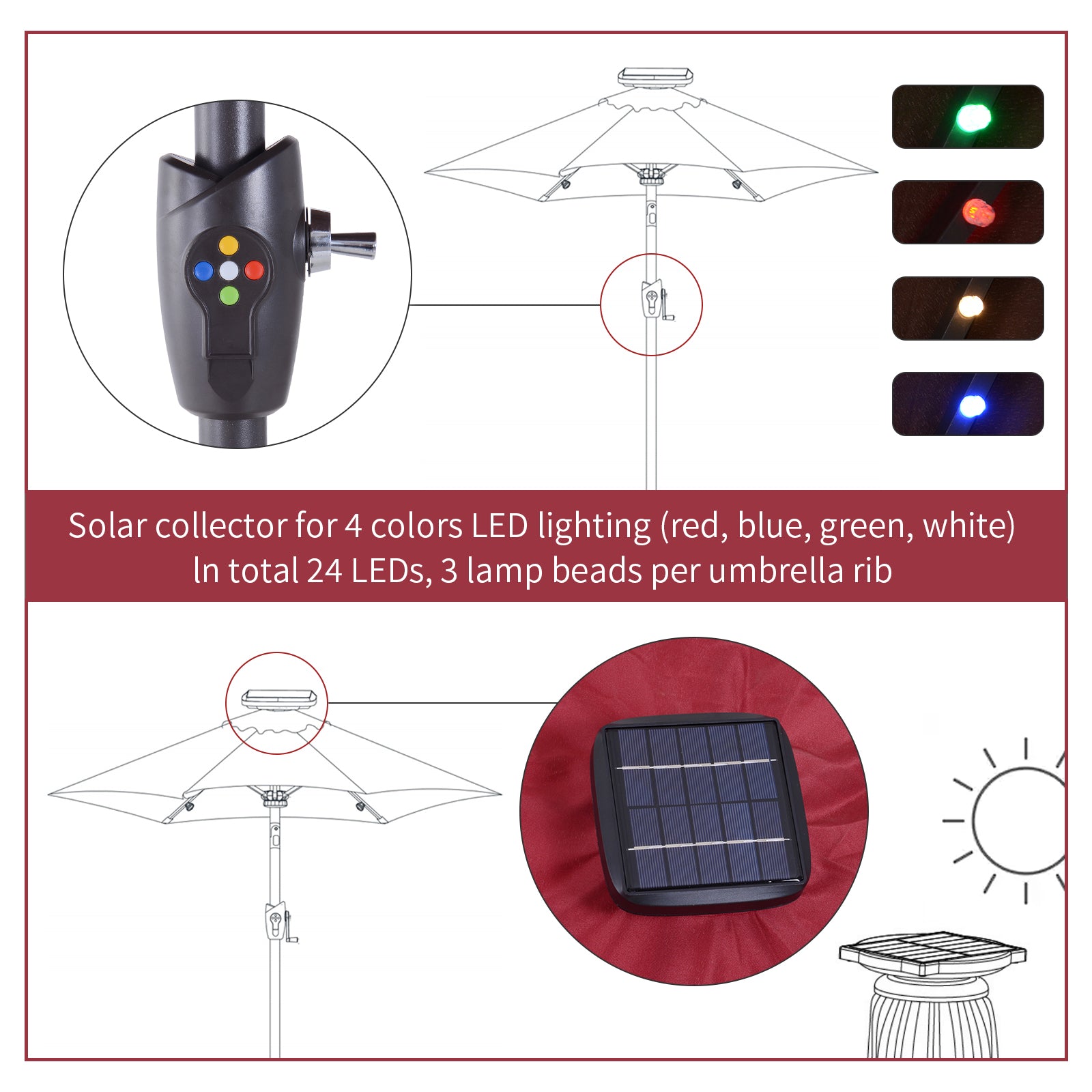 Outsunny Φ2.7m Garden 24 LED Light Parasol Solar Outdoor Tilt Sun Umbrella Patio Club Party Event Manual Sun Shade w/ Hand Crank and 8 Ribs, Red
