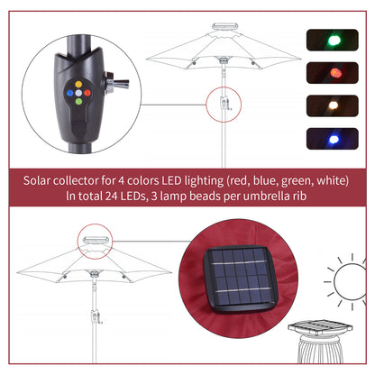 Outsunny Φ2.7m Garden 24 LED Light Parasol Solar Outdoor Tilt Sun Umbrella Patio Club Party Event Manual Sun Shade w/ Hand Crank and 8 Ribs, Red
