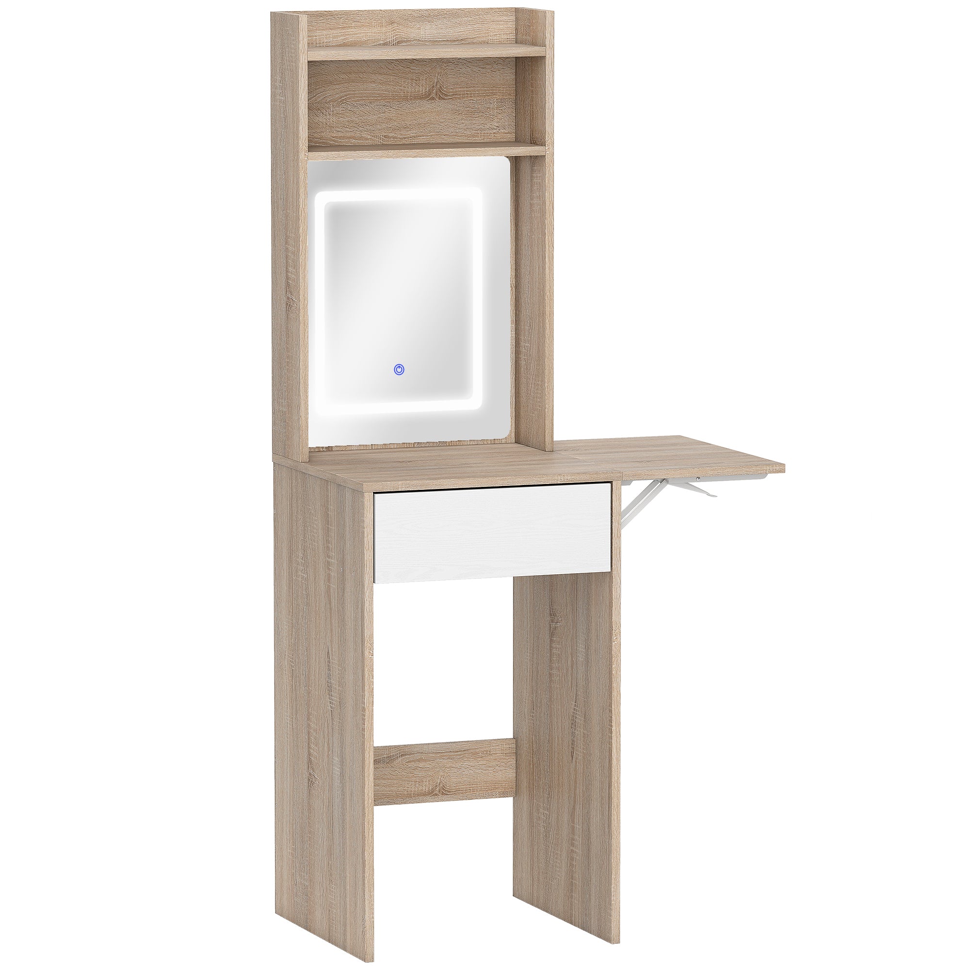 HOMCOM Small Vanity Desk with Mirror and LED Lights, Compact Dressing Table with Drop Leaf, Open Shelves, Natural Wood 