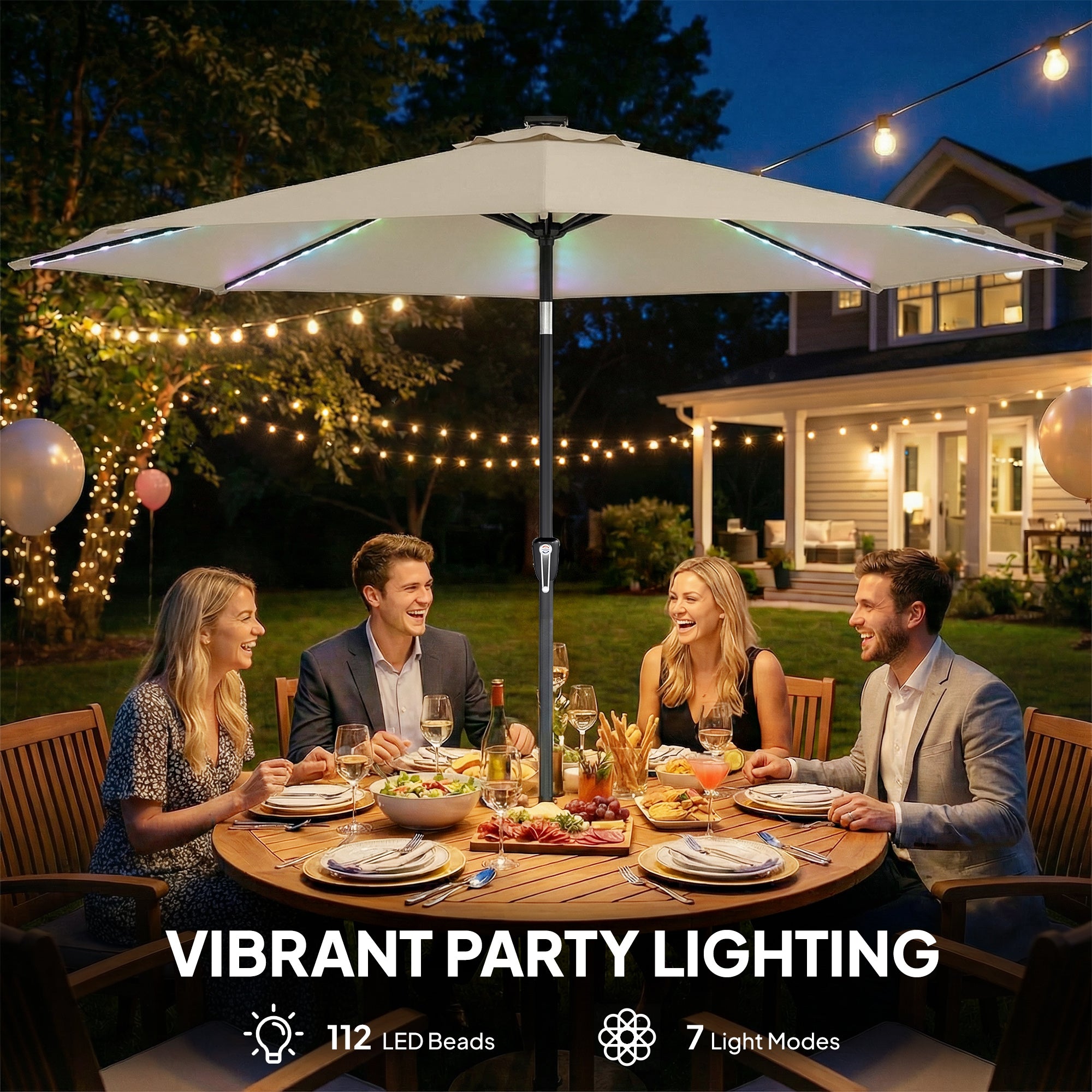 Outsunny 3 m Garden Parasol Umbrella with 112 Solar Powered LED Lights, Patio Umbrella with Crank Handle, Beige 