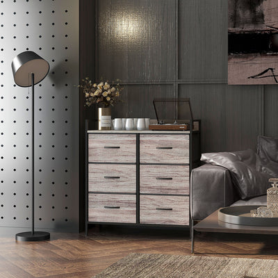 HOMCOM Rustic Chest of Six Fabric Drawers - Grey Wood Effect 