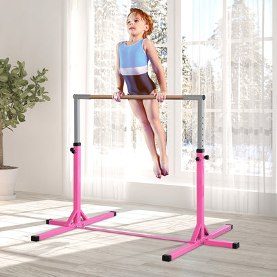 HOMCOM Height Adjustable Gymnastics Horizontal Bar for Kids, Children Junior Kip High Bar Fitness, Pink 