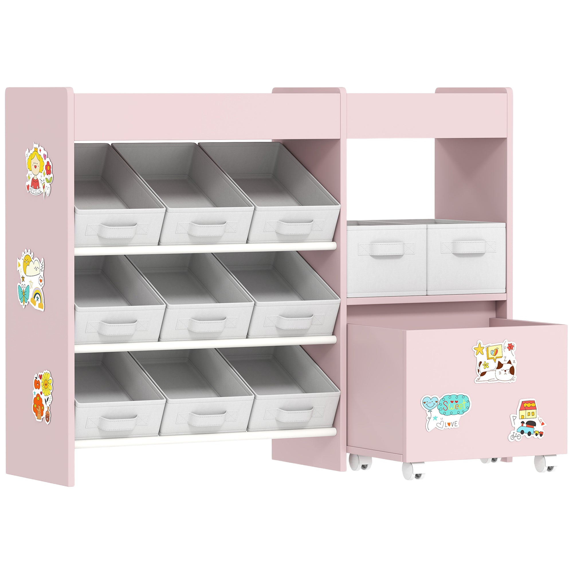 AIYAPLAY Kids Toy Storage Unit with 11 Bins, Cabinet, Top Shelves, 3 Stickers, for Nursery, Playroom, Pink 