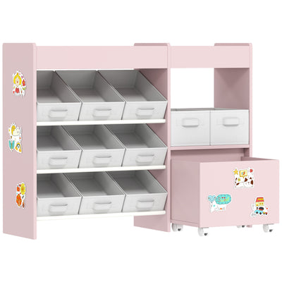 AIYAPLAY Kids Toy Storage Unit with 11 Bins, Cabinet, Top Shelves, 3 Stickers, for Nursery, Playroom, Pink 
