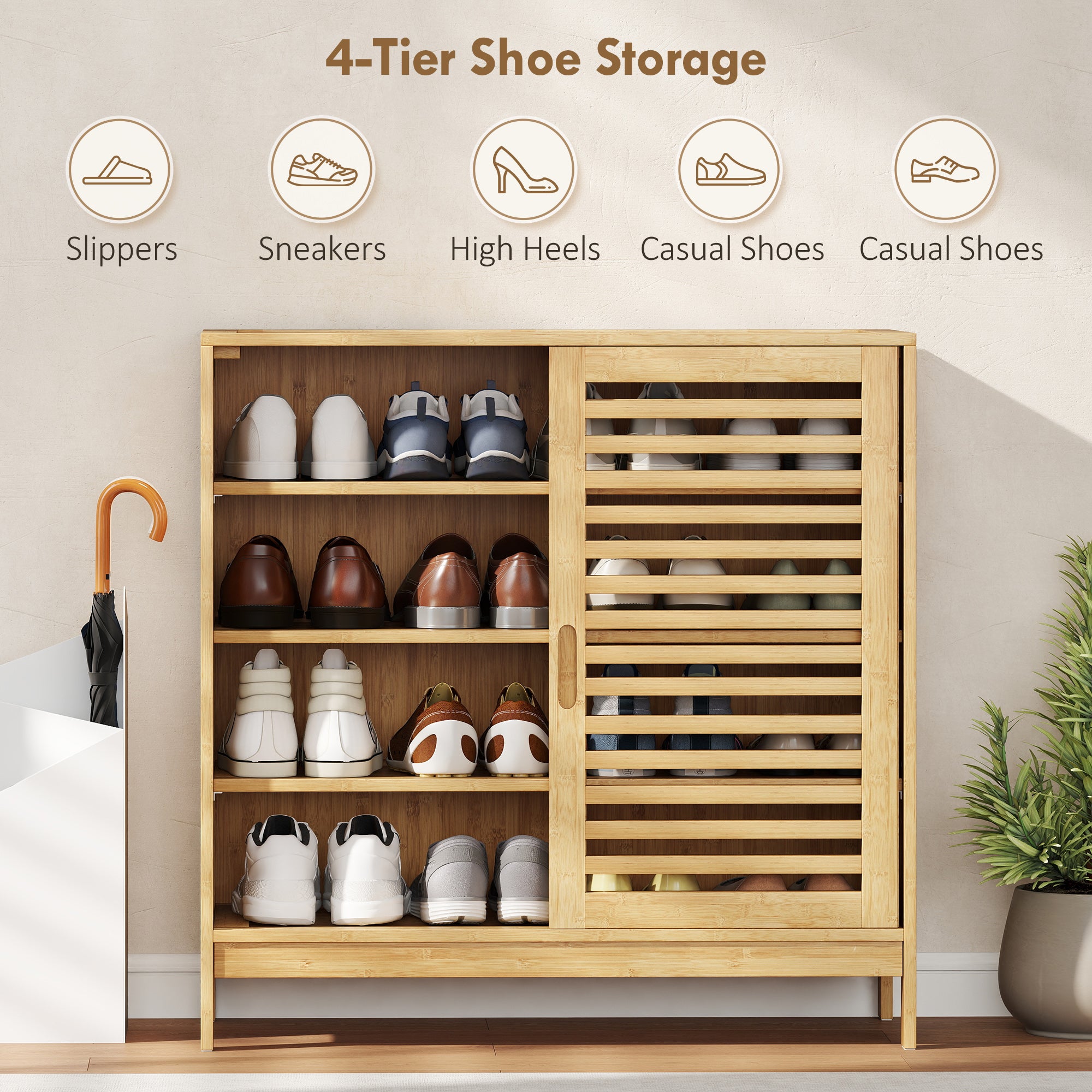 HOMCOM Bamboo Shoe Cabinet with 2 Sliding Slat Doors, 16Pairs, Adjustable Shelves, Natural