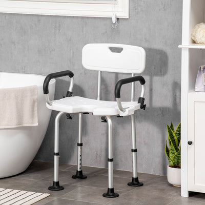HOMCOM Shower Chair for the Elderly and Disabled, Height Adjustable Shower Stool with Back and Flipped Padded Arms, Suction Foot Pads, White 