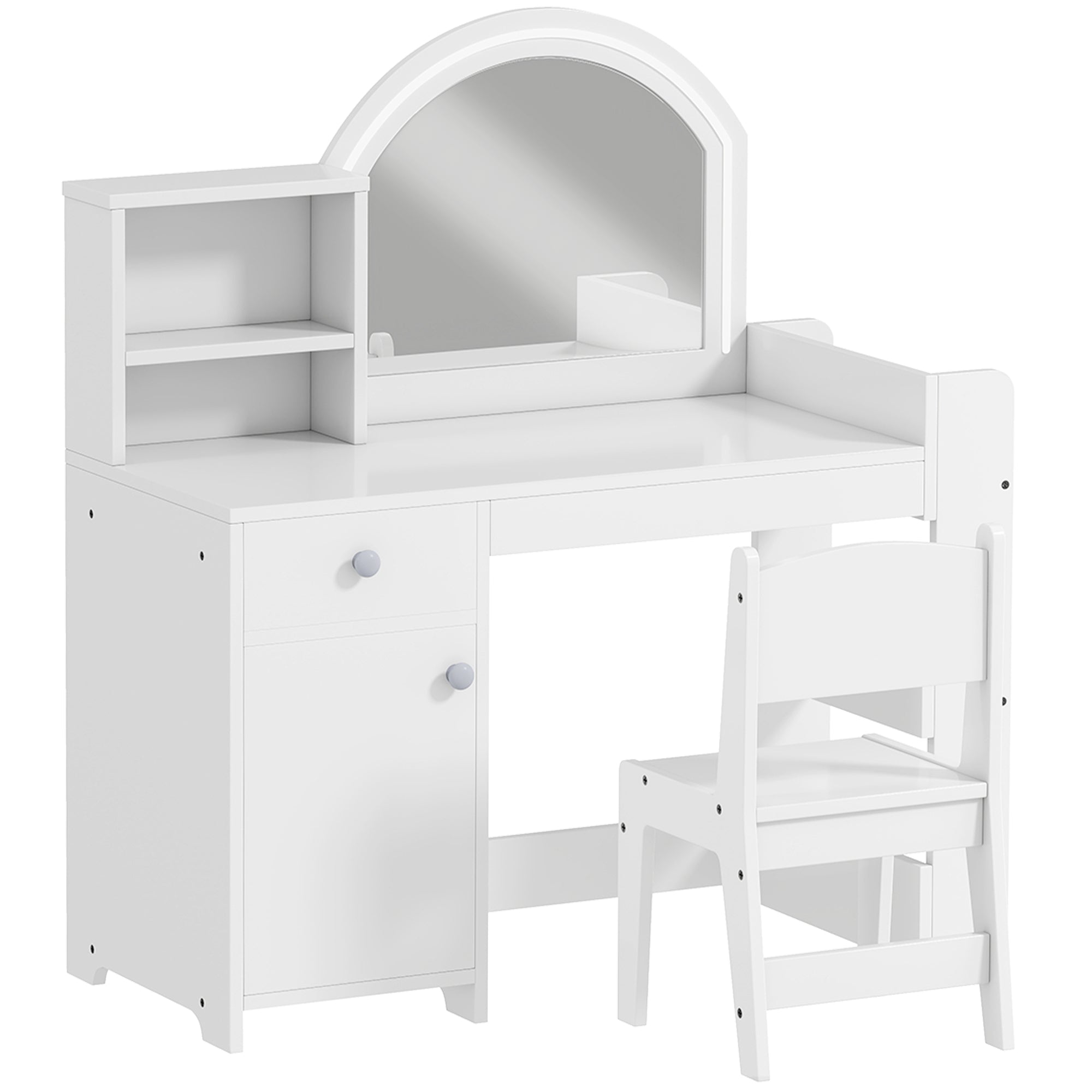 AIYAPLAY Kids Vanity Table and Chair Set, Girls Dressing Table with 2-Colour LED Mirror, Stool, Cabinet, Drawer, Shelves, White 