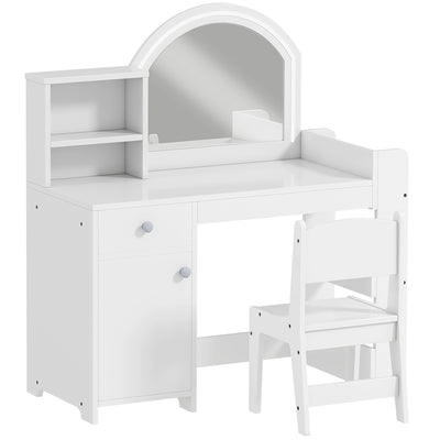 AIYAPLAY Kids Vanity Table and Chair Set, Girls Dressing Table with 2-Colour LED Mirror, Stool, Cabinet, Drawer, Shelves, White 