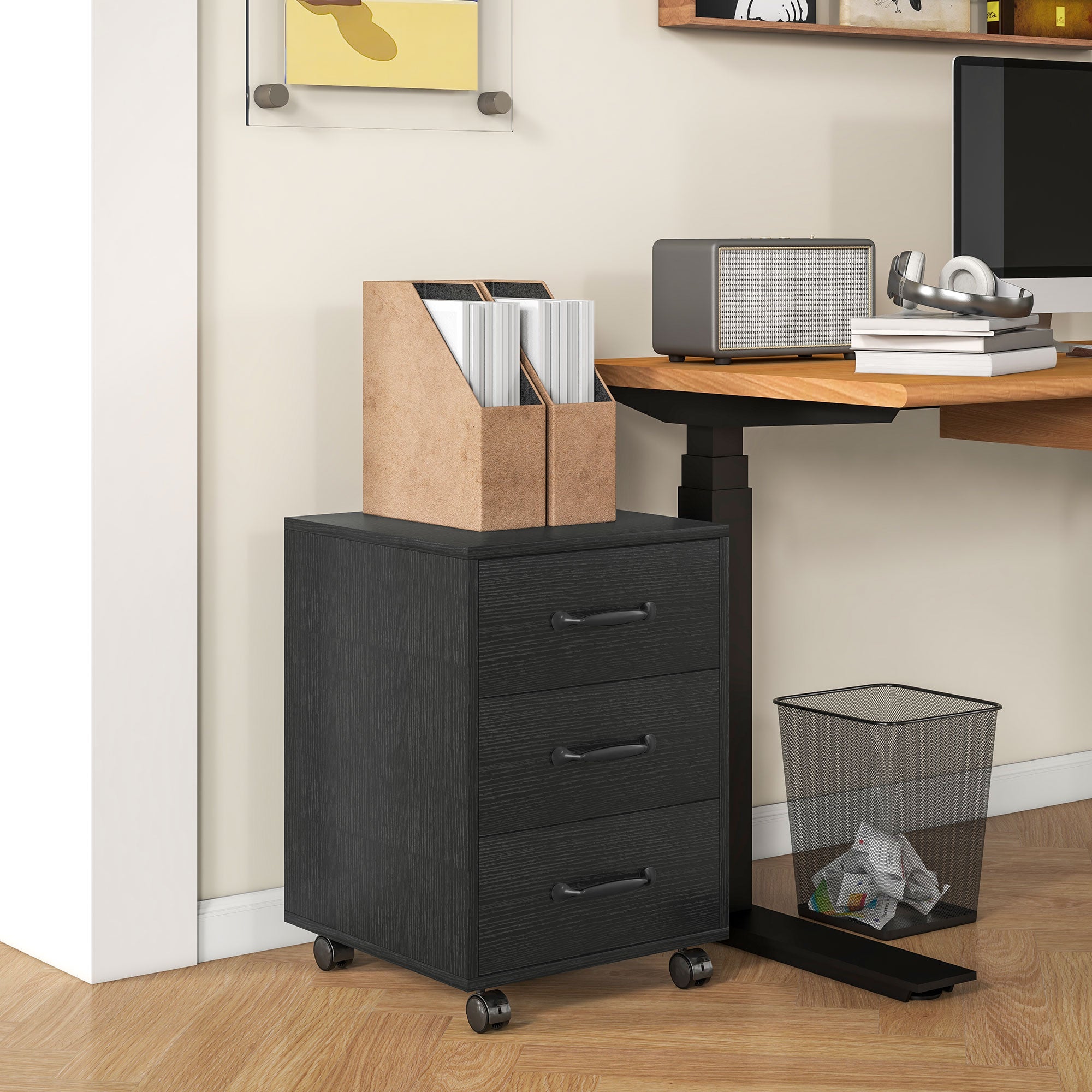 HOMCOM 3 Drawer File Cabinet, Mobile Filing Cabinet on Wheels for Home Office, Study, Black 