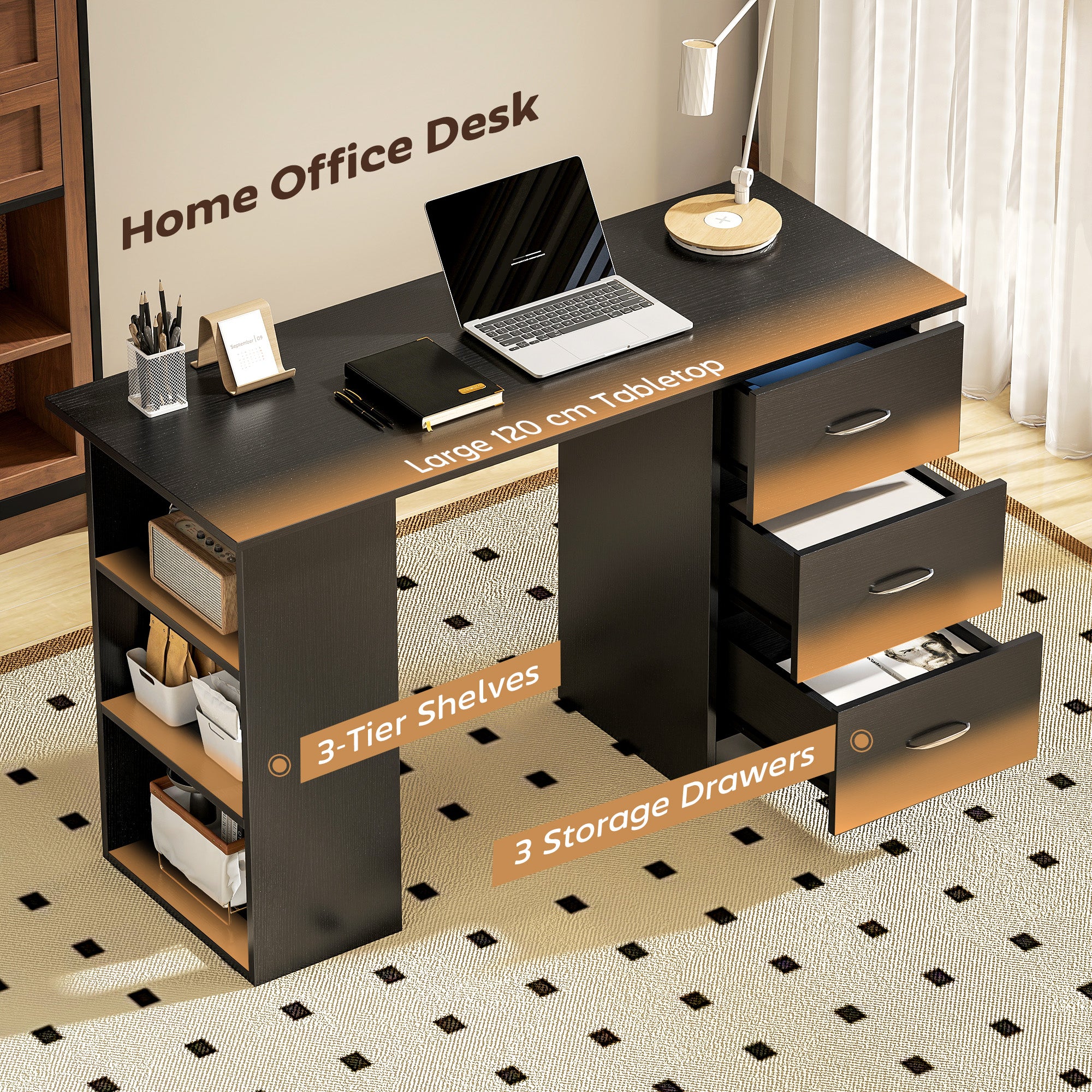 HOMCOM Computer Desk with Drawers, Home Office Desk, Writing Table, PC Workstation with 3 Storage Shelves for Working, Study, 120 x 49 x 72 cm, Black 
