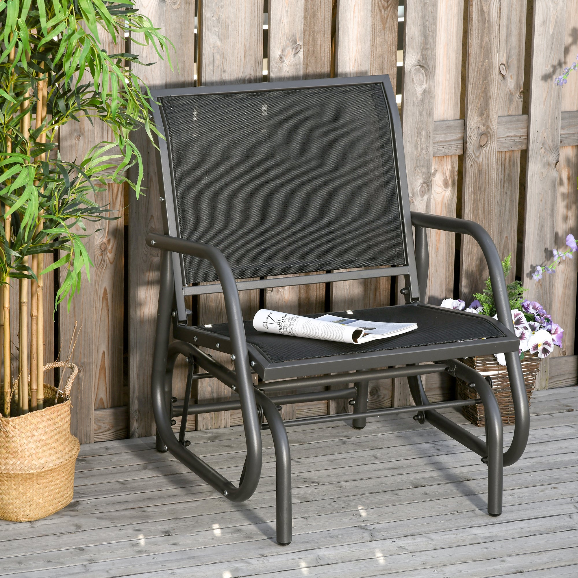 Outsunny Outdoor Gliding Swing Chair Garden Seat w/ Mesh Seat Curved Back Steel Frame Armrests Comfortable Lounge Furniture Dark Grey Black 