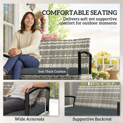 Outsunny 125L Garden Storage Bench, 2 Seater PE Rattan Outdoor Bench Storage Box with Padded Cushion, Dark Grey 