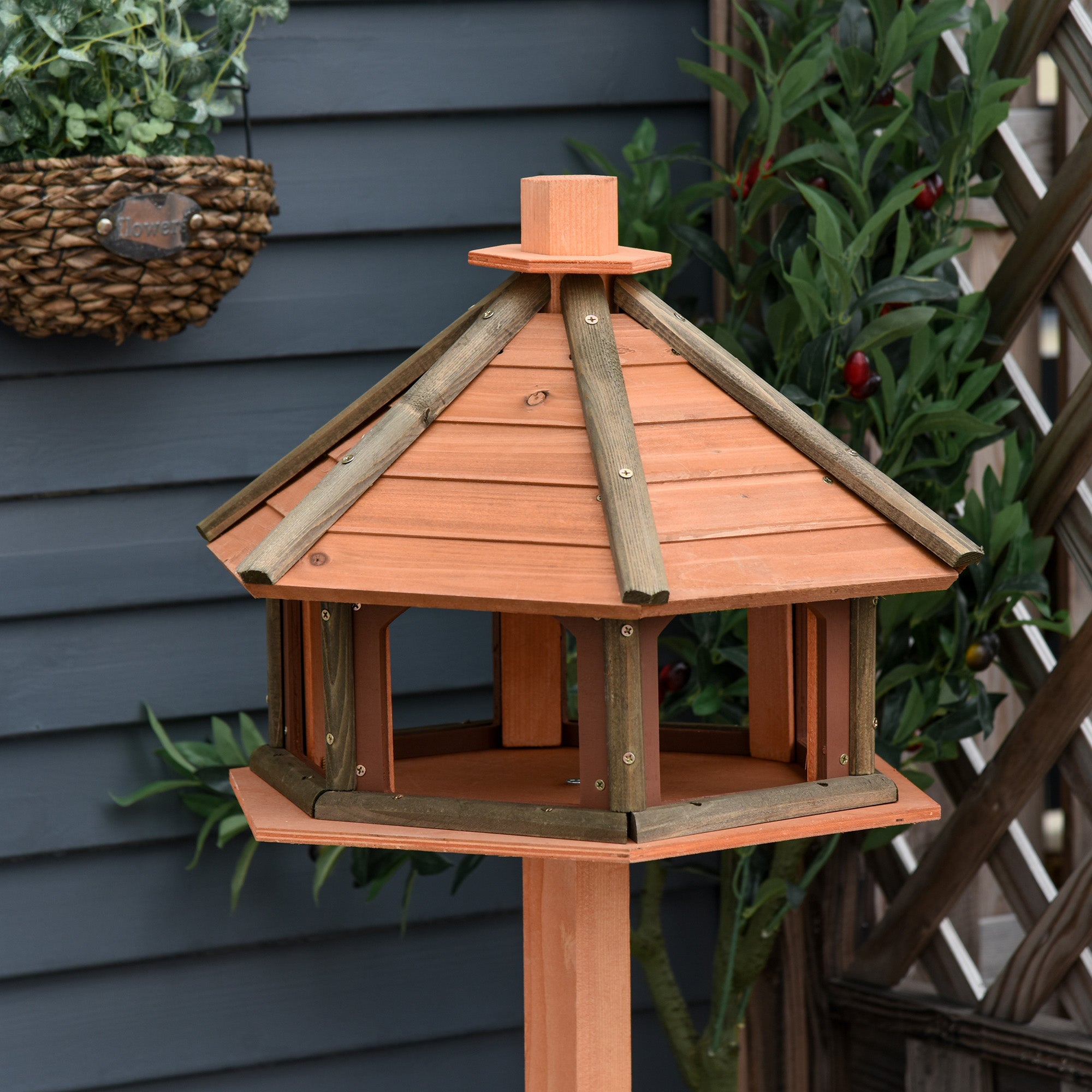 PawHut Wooden Bird Table Bird Feeding Station Playstand with Roof 130Hcm for Outdoor Brown 