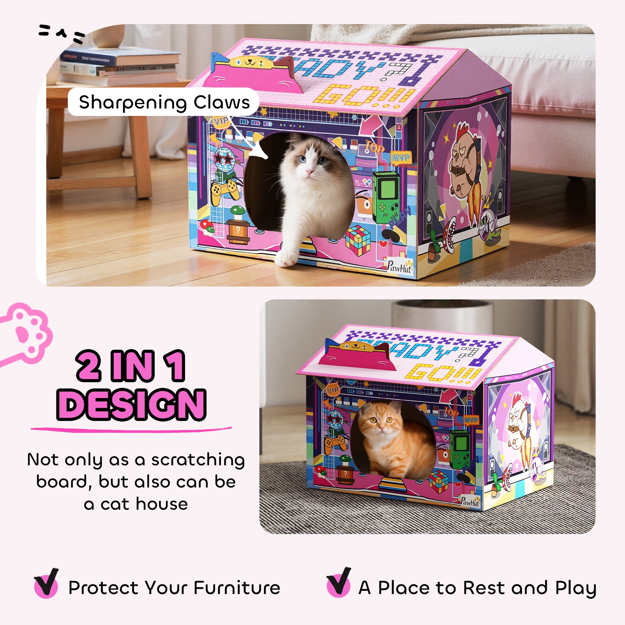 PawHut 2 in 1 Gaming Style Cardboard Cat House with Scratching Board & Catnip for Indoor Cats, Pink 