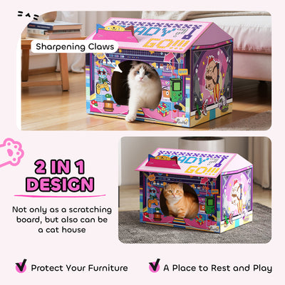 PawHut 2 in 1 Gaming Style Cardboard Cat House with Scratching Board & Catnip for Indoor Cats, Pink 
