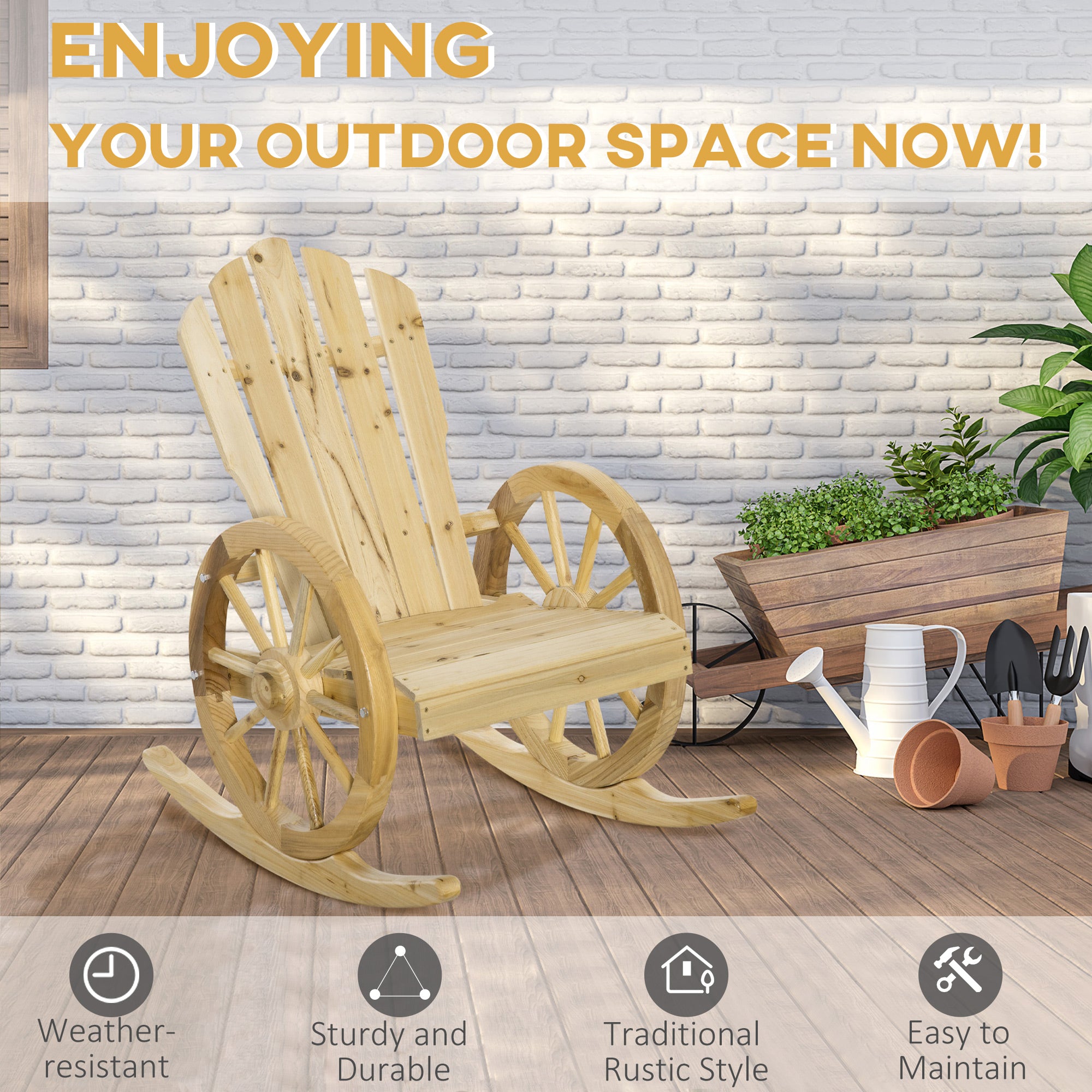 Outsunny Wooden Adirondack Rocking Chair Reclining Armchair Outdoor Garden Furniture Patio Porch Rocker - Natural 