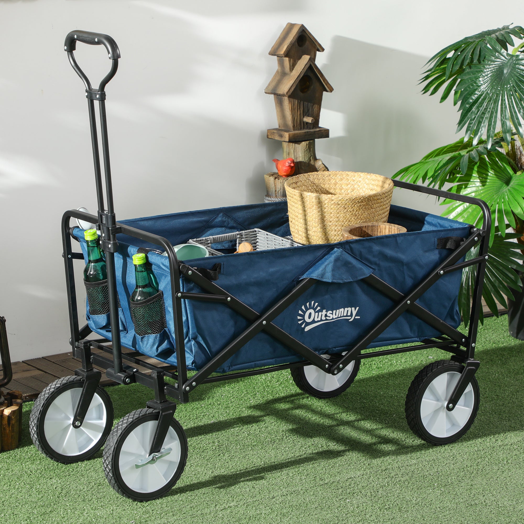 Outsunny 90L Folding Garden Trolley Cart Pull Along Wagon with Telescopic Handle for Beach Camping Festival - Navy Blue 
