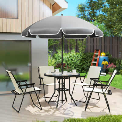 Outsunny 4 Seater Garden Furniture Set, 6 Pieces Garden Table and Chairs with Parasol, Outdoor Garden Dining Set with Folding Chairs and Round Glass Top Table for Patio, Cream White 