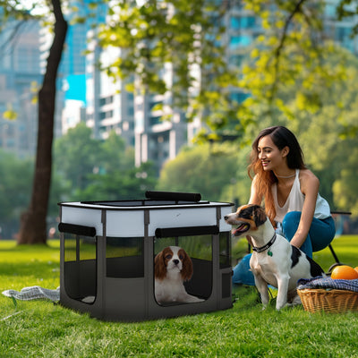 PawHut Foldable Dog Pen with Storage Bag for Indoor/Outdoor Use, Portable Pet playpen, with Ground Stakes - Grey 