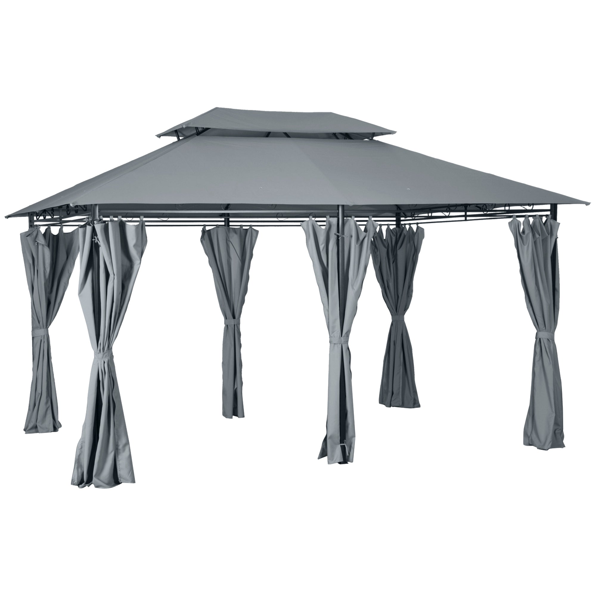 Outsunny 4m x 3(m)Garden Gazebo, Double Roof Outdoor Gazebo Canopy Shelter with Curtains, Solid Steel Frame for Lawn and Deck, Grey 