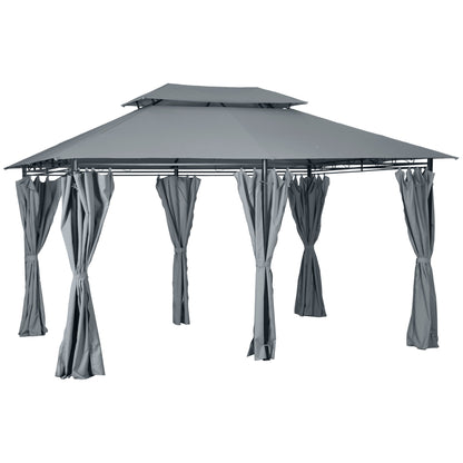 Outsunny 4m x 3(m)Garden Gazebo, Double Roof Outdoor Gazebo Canopy Shelter with Curtains, Solid Steel Frame for Lawn and Deck, Grey 