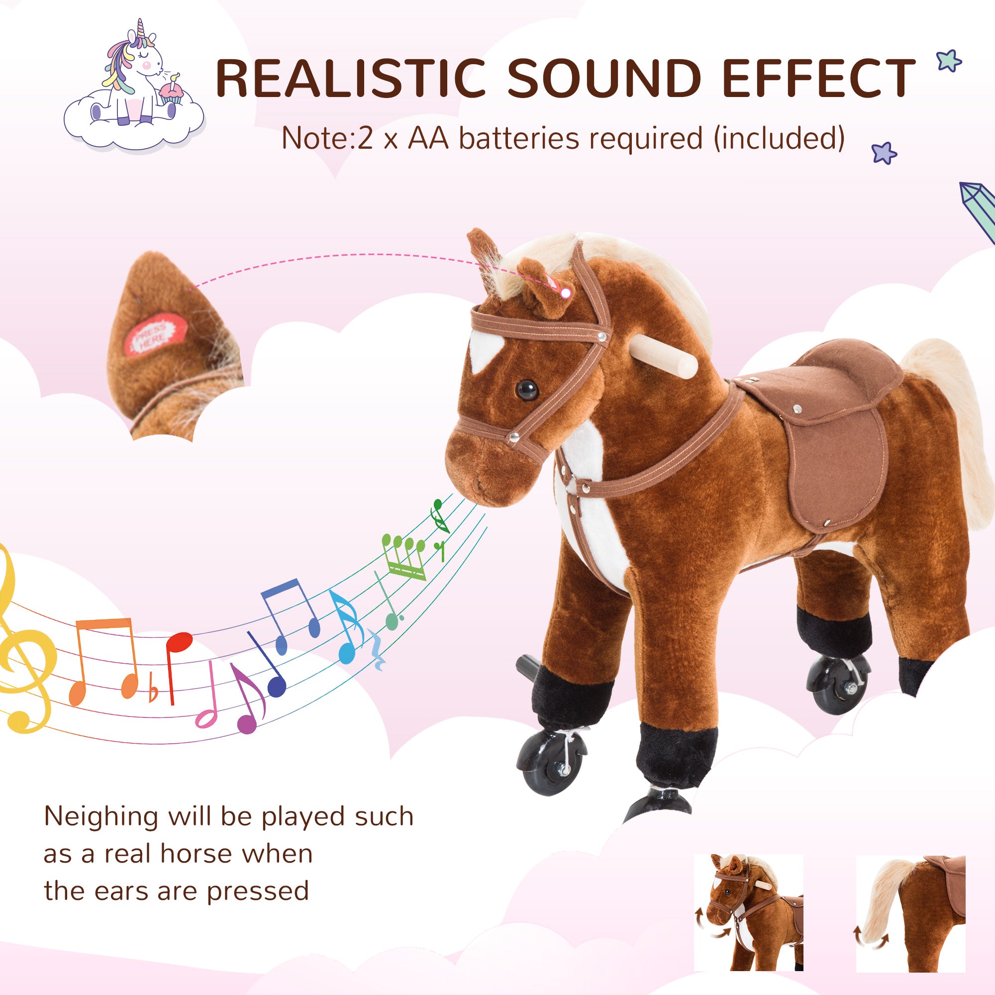 HOMCOM Rocking Horse Kids Ride on Walking Horse Animal Pony Wheeled Riding Plush Toy w/Sound for 3 Years and Up (Brown) 