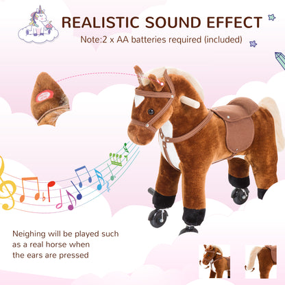 HOMCOM Rocking Horse Kids Ride on Walking Horse Animal Pony Wheeled Riding Plush Toy w/Sound for 3 Years and Up (Brown) 