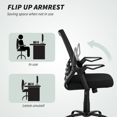 Vinsetto Mesh Office Chair, Computer Desk Chair with Flip-up Armrests, Lumbar Back Support and Swivel Wheels, Black 
