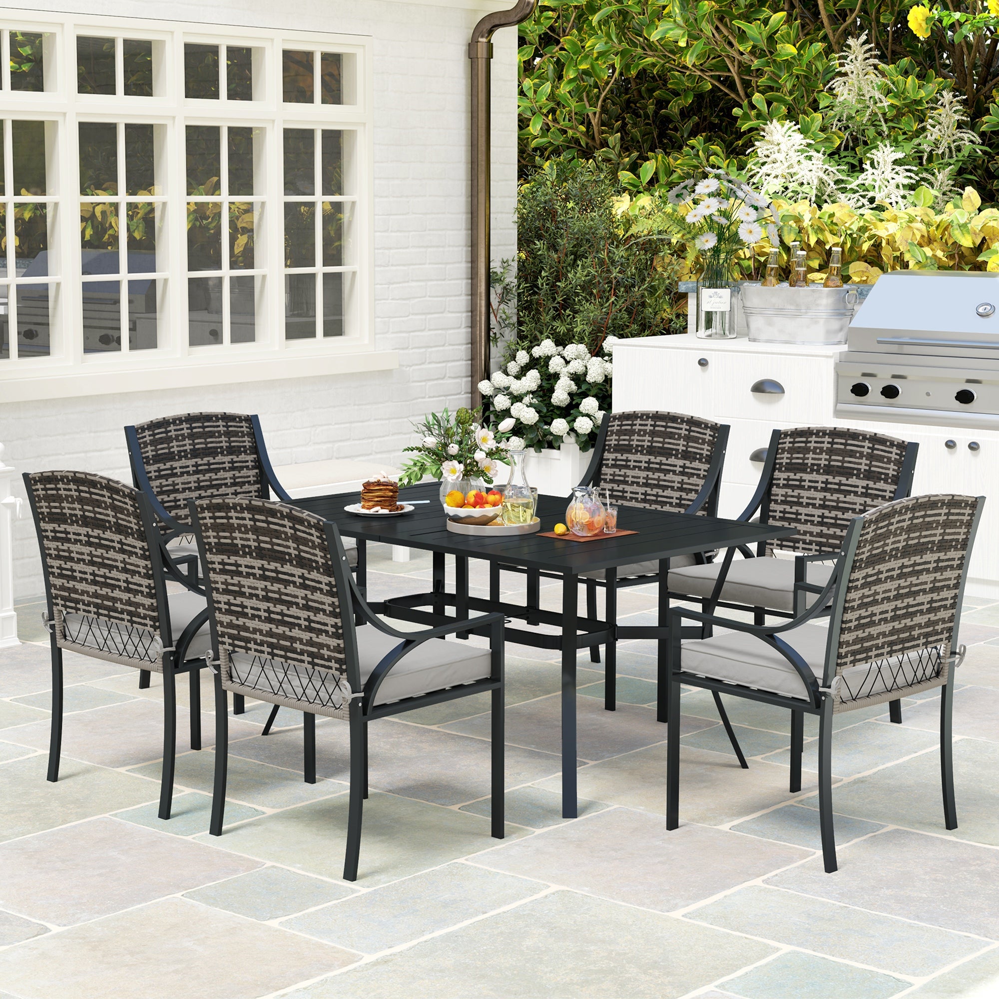 Outsunny Rattan Garden Furniture Set with Cushions, 6 Seater Rattan Dining Set with 6 Armchairs, 150 x 96cm Rectangular Table, Umbrella Hole, for Outdoor, Patio, Balcony, Terrace, Conservatory 